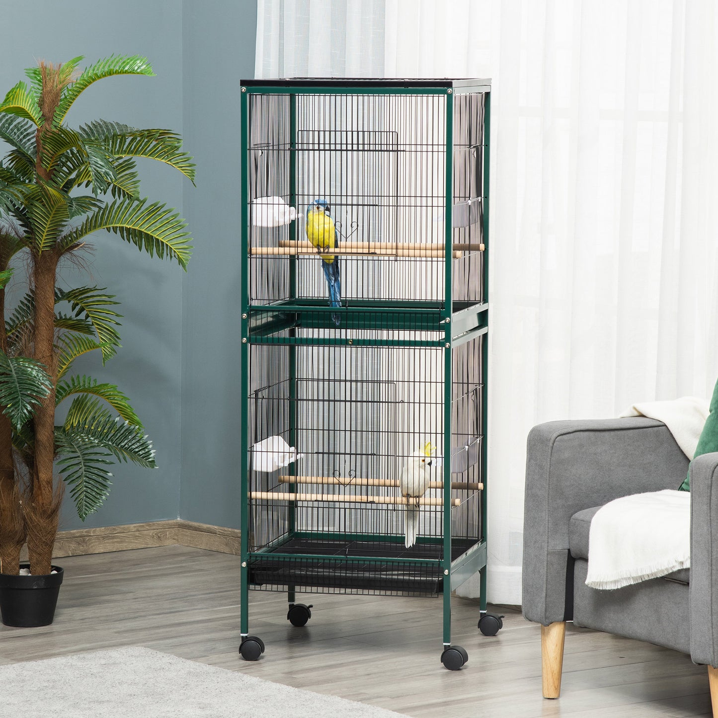 Large Indoor Bird Cage with Multi-Door Design, 1.7 ft Width for Canaries Finches Conures, Green