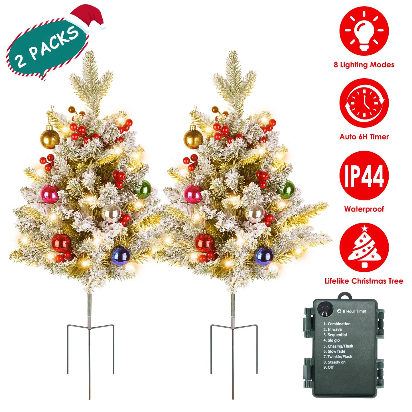 Solar Powered Lighted Christmas Tree Urn Filler with Berries & Decor Balls