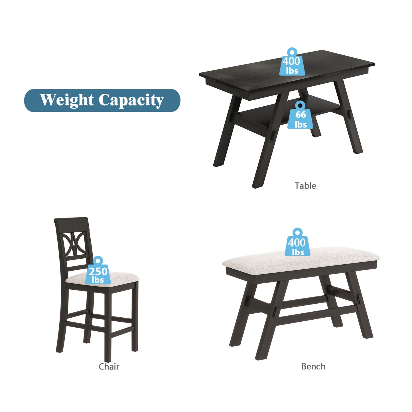 6-Piece Wood Counter Height Dining Table Set with Storage Shelf