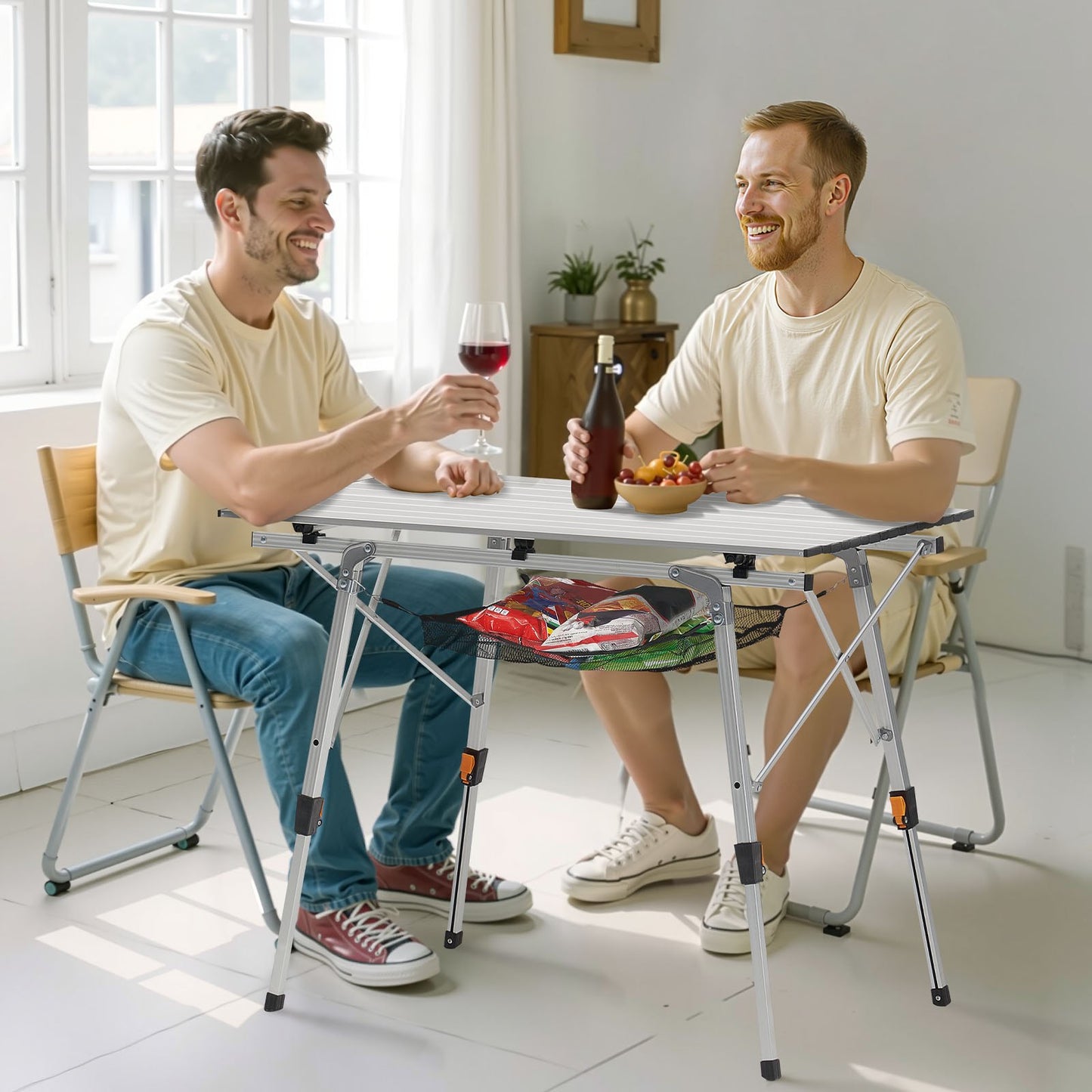 Portable Folding Camping Table Aluminum Outdoor Picnic Table with Mesh Layer - Silver