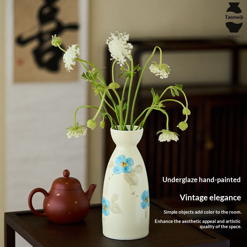 Hand-Painted Floral Ceramic Vase - Small Tabletop & Floor Decor - Blue Camellia Style