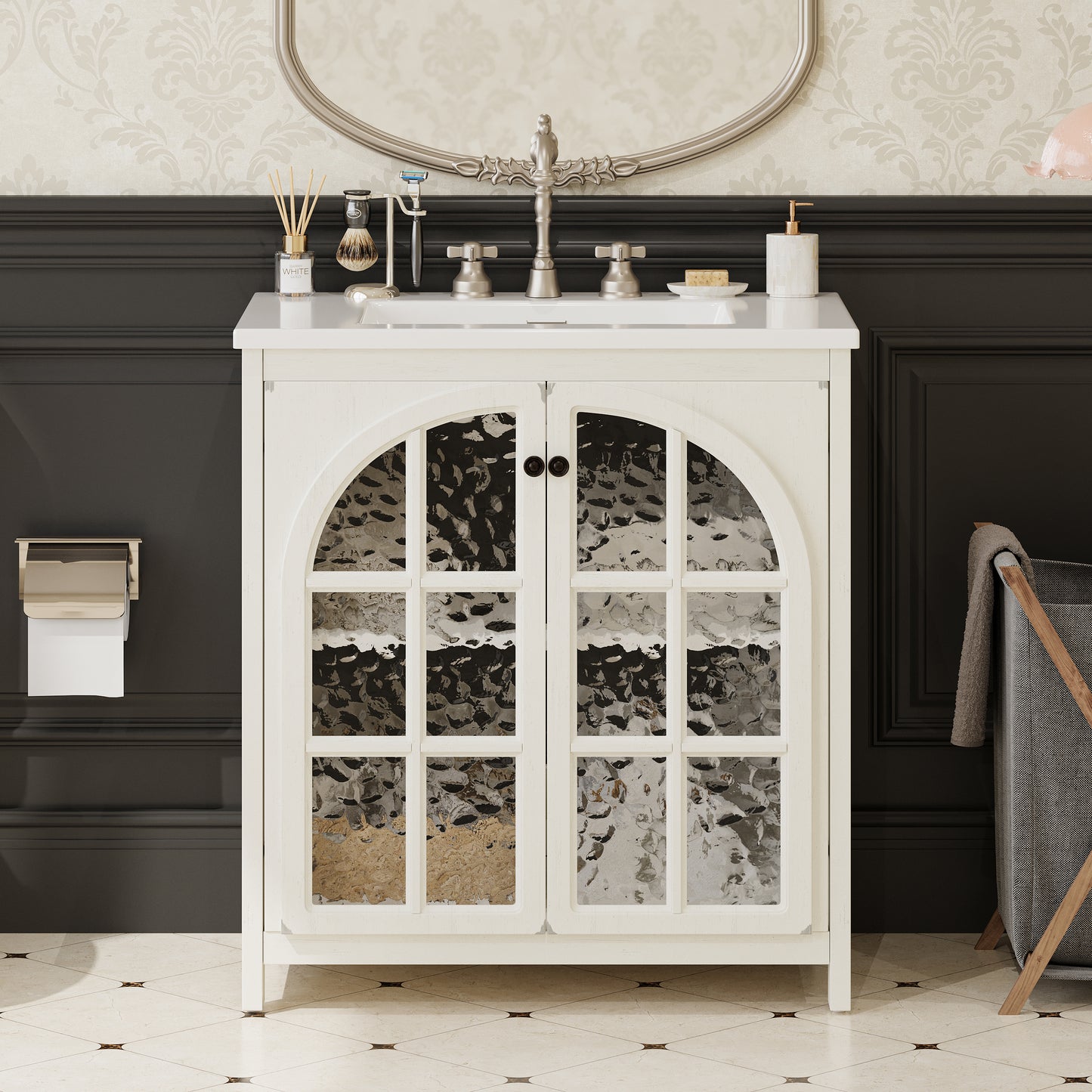 30-Inch Vintage Rustic Bathroom Vanity with Ceramic Sink - Antique White