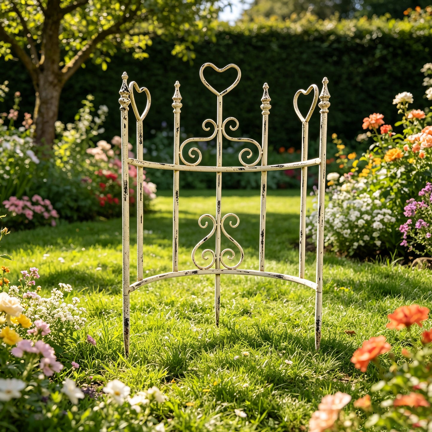 Decorative Iron Garden Fence Panels - Antique White, 2 Pcs