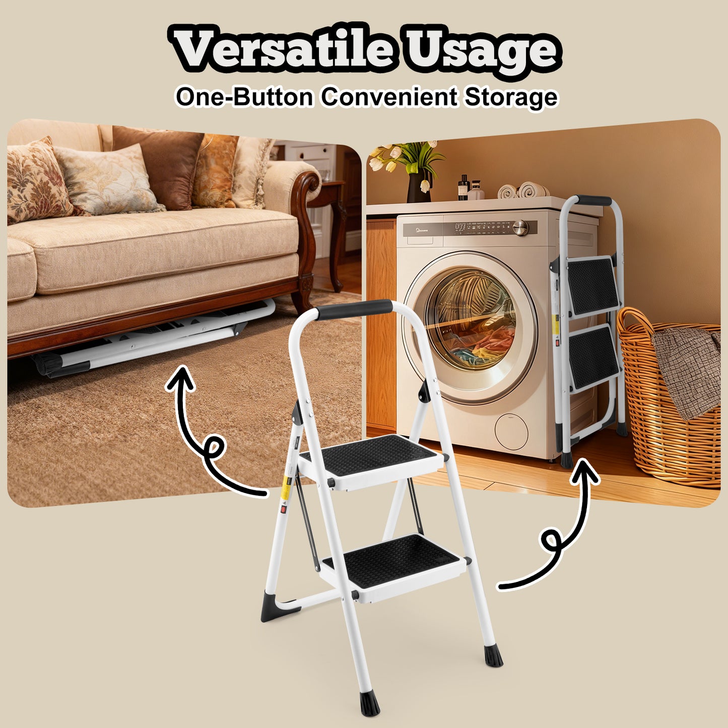 White 2-Step Folding Ladder Stool - Compact Home Step Ladder