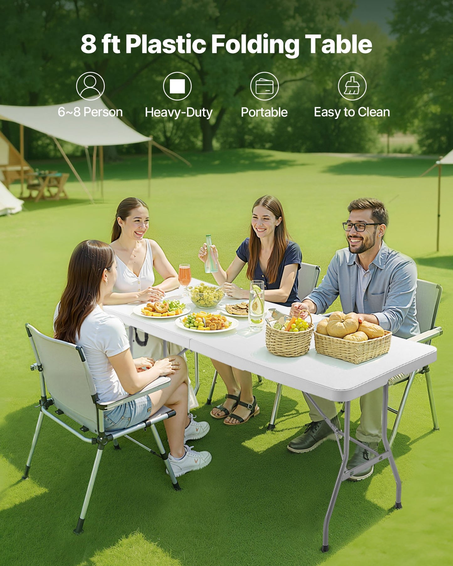 8 Ft Plastic Folding Picnic Table - Portable Outdoor Indoor Utility