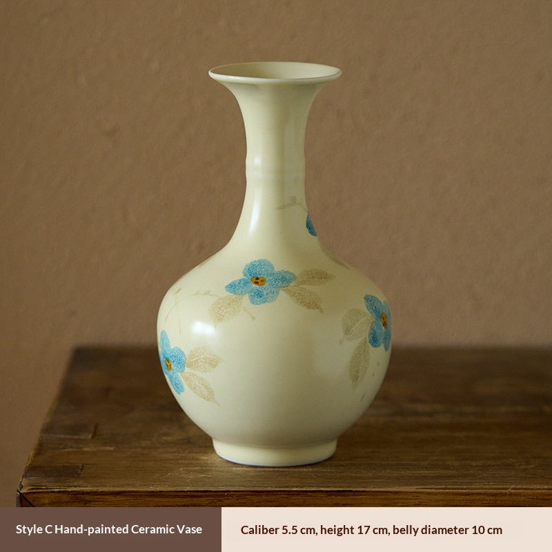 Hand-Painted Floral Ceramic Vase - Small Tabletop & Floor Decor - Blue Camellia Style