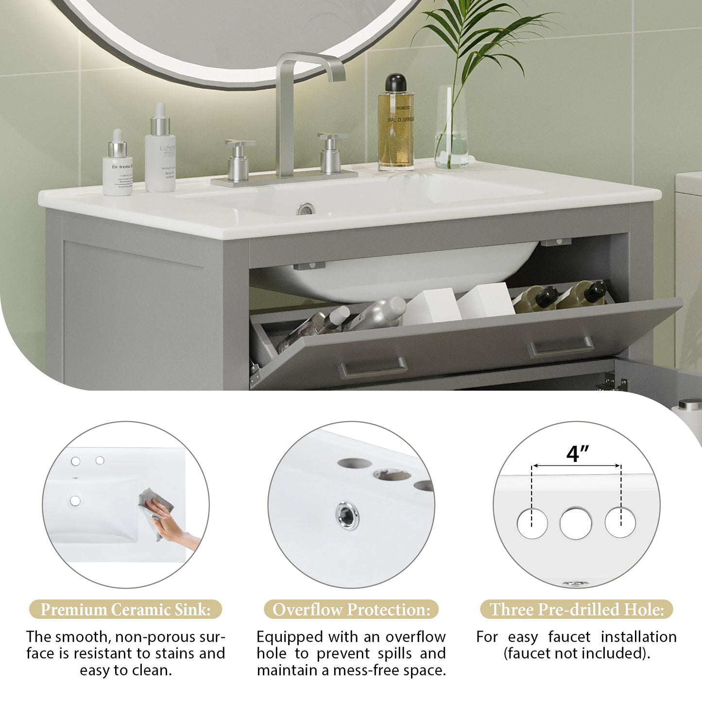 30" Gray Bathroom Vanity with Ceramic Sink & Soft Close Doors