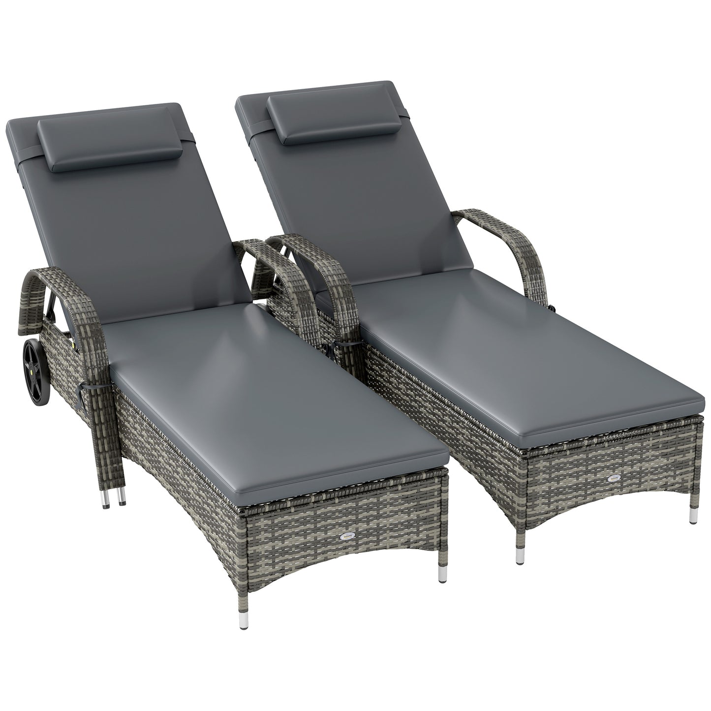 2 Reclining Chaise Lounge Chairs with Cushions and Wheels - Gray