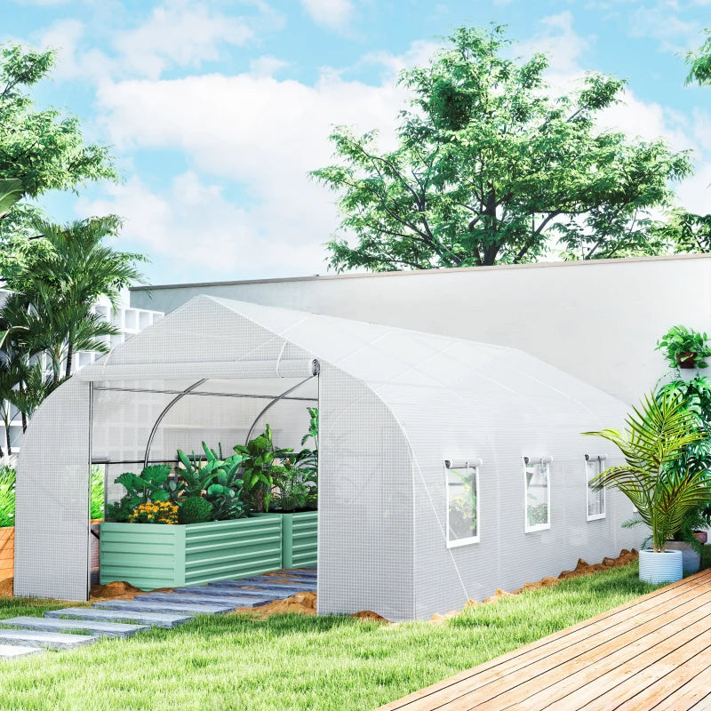 Large Walk-In Tunnel Greenhouse with Roll-Up Door - White Garden Shelter