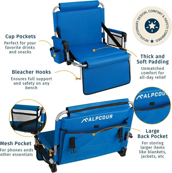 Foldable Padded Stadium Seat with Backrest, Armrest, and Cup Holder - Royal Blue