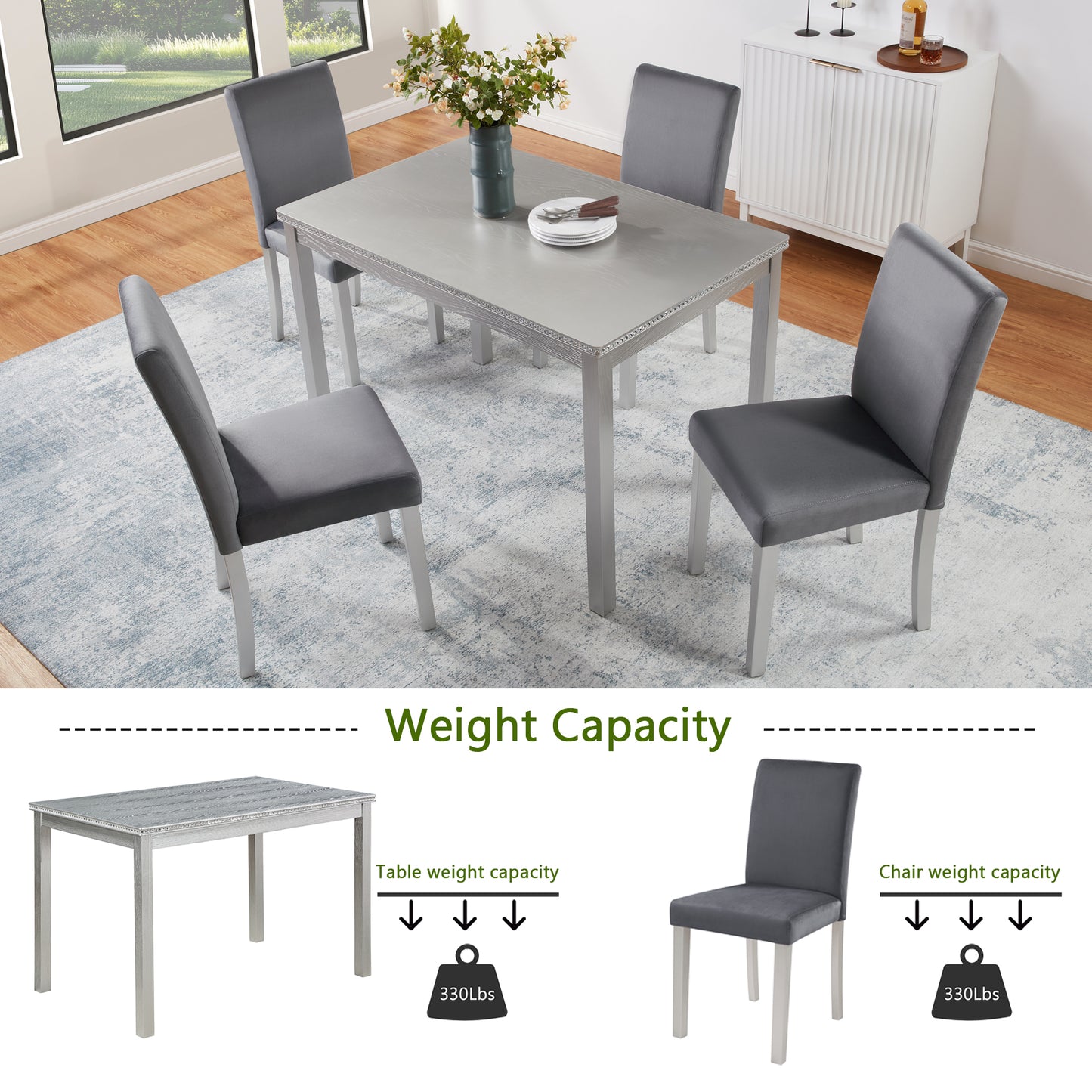 5-Piece Wooden Dining Table Set with Upholstered Chairs - Silver Grey