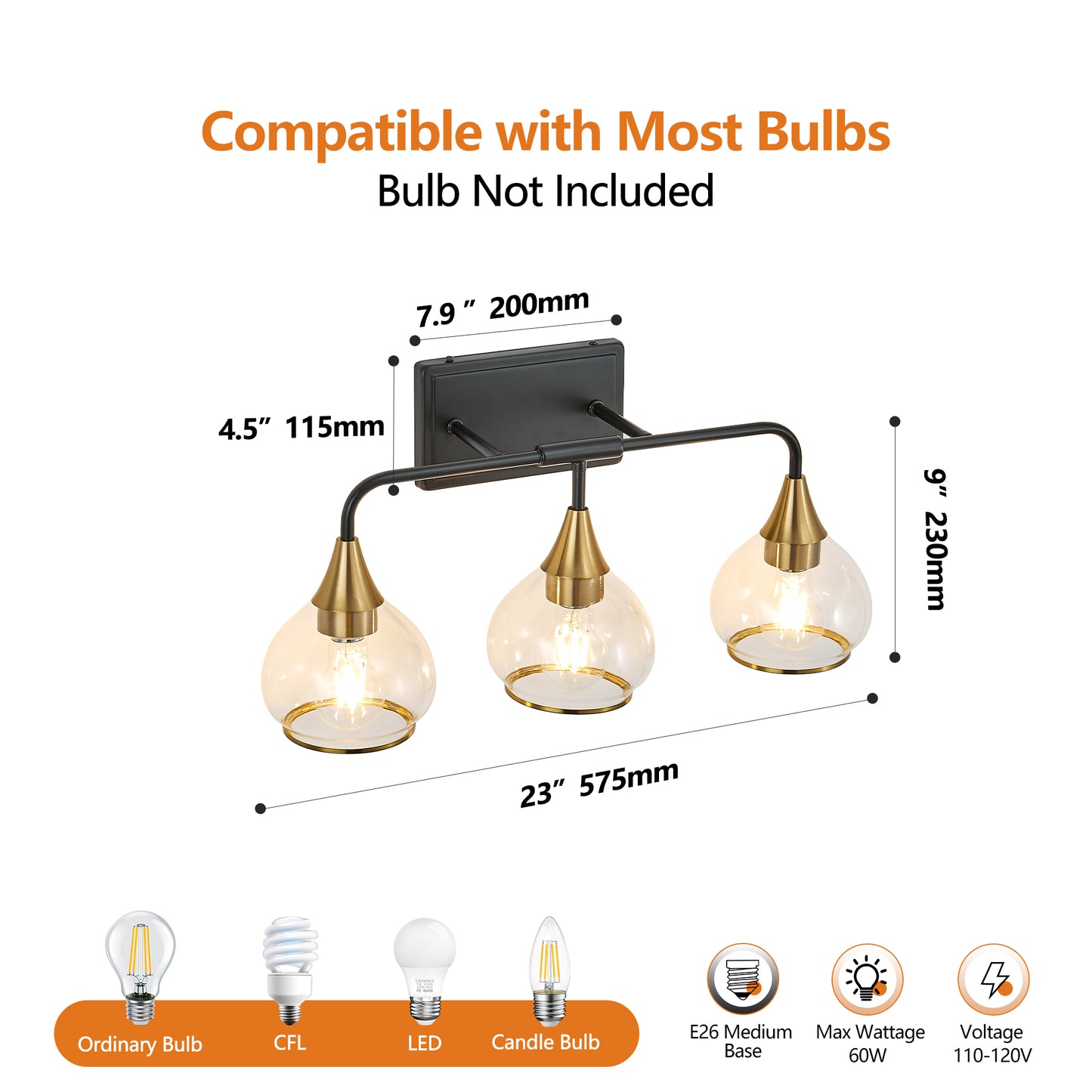 Modern 23in Black and Gold Wall Sconce with Clear Glass Shades - Vanity & Bathroom Light Fixture