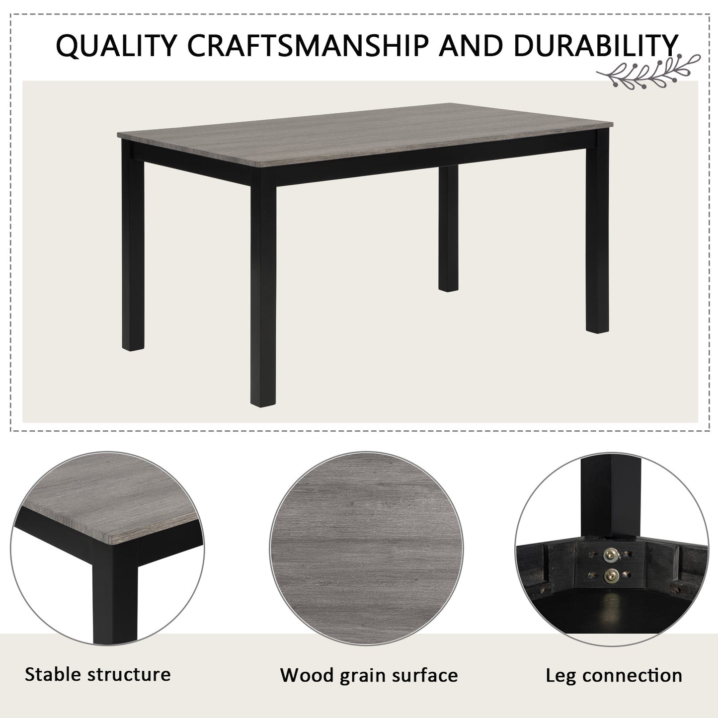 6-Piece Wooden Dining Table Set with Bench & Chairs - Light Grey & Black