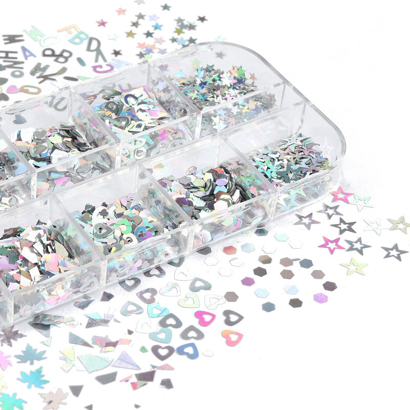 12-Grid Nail Art Sequins Set - Mixed Color Laser Silver DIY Nail Decorations