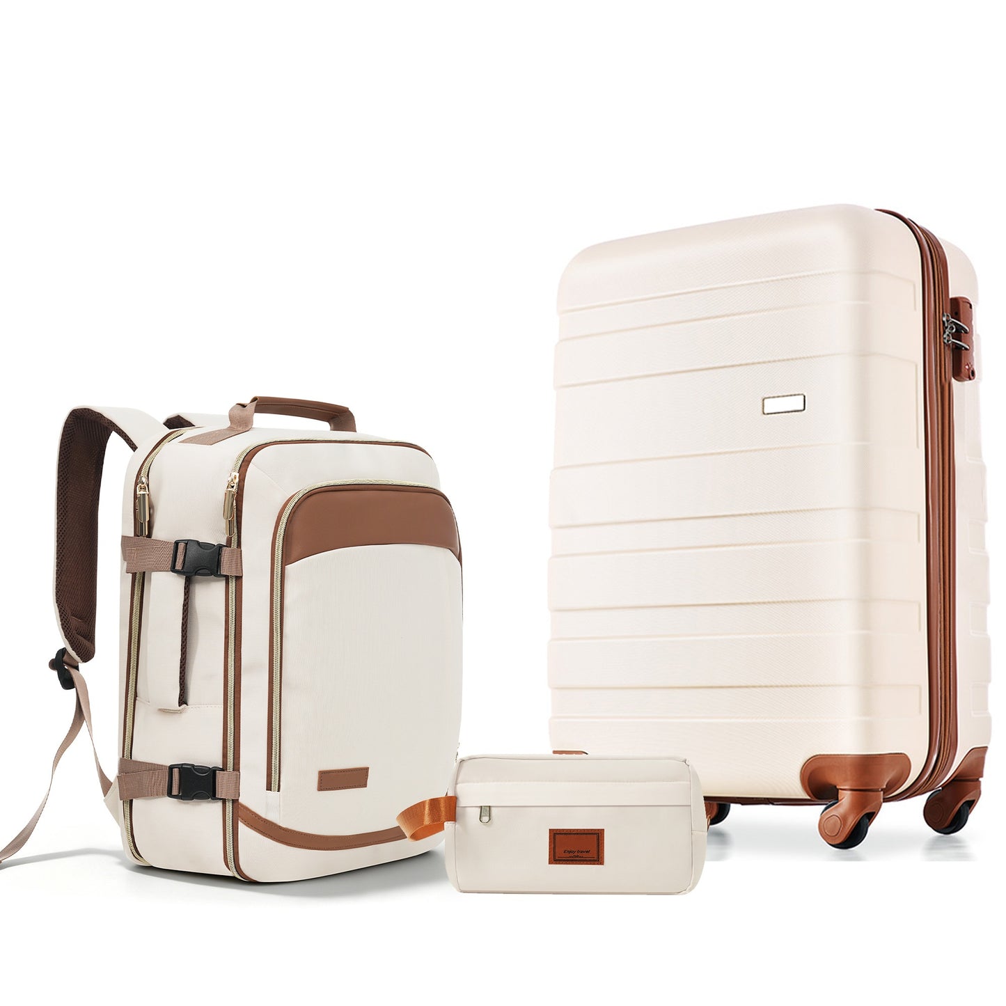 20-Inch Checked Luggage Set with Travel Duffel & Toiletry Bag - Ivory