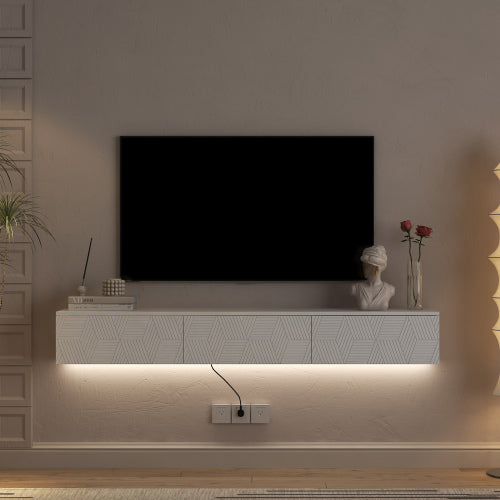 Floating TV Stand with 16 Color LEDs - Wall Mounted Entertainment Center for 55-65 Inch TVs - White