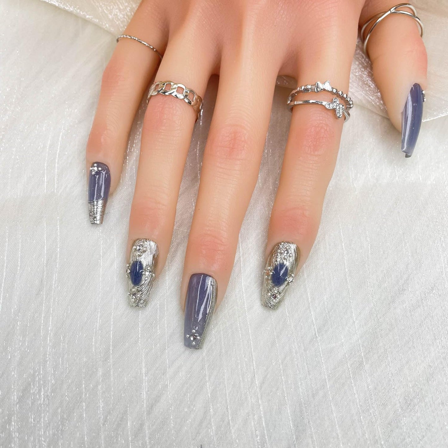 Long Coffin Press On Nails with Rhinestones - Gradient Mercury Veil