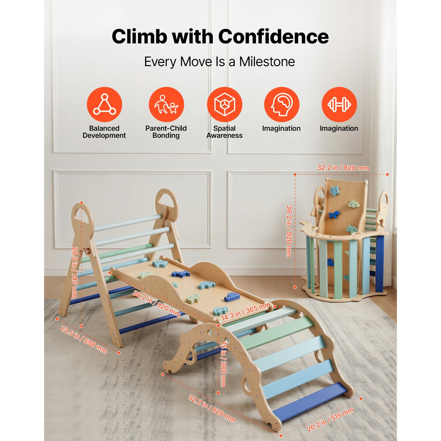 Indoor Toddler Climbing Set with Wooden Cars & Ramp - Foldable Montessori Play Equipment for Kids