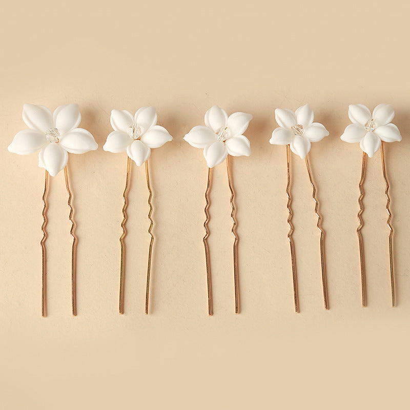 Ceramic Flower Hair Pins - Handmade Wedding Accessory Set, 5 Pack