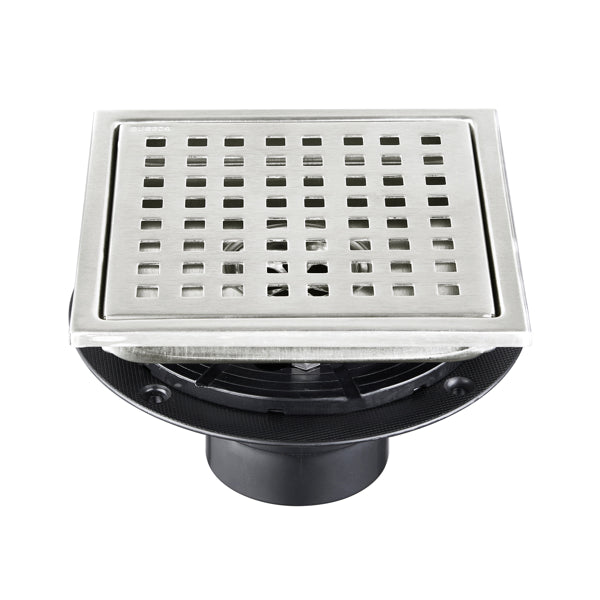 6 Inch Square Shower Drain with Removable Grate - Stainless Steel, Brushed Nickel