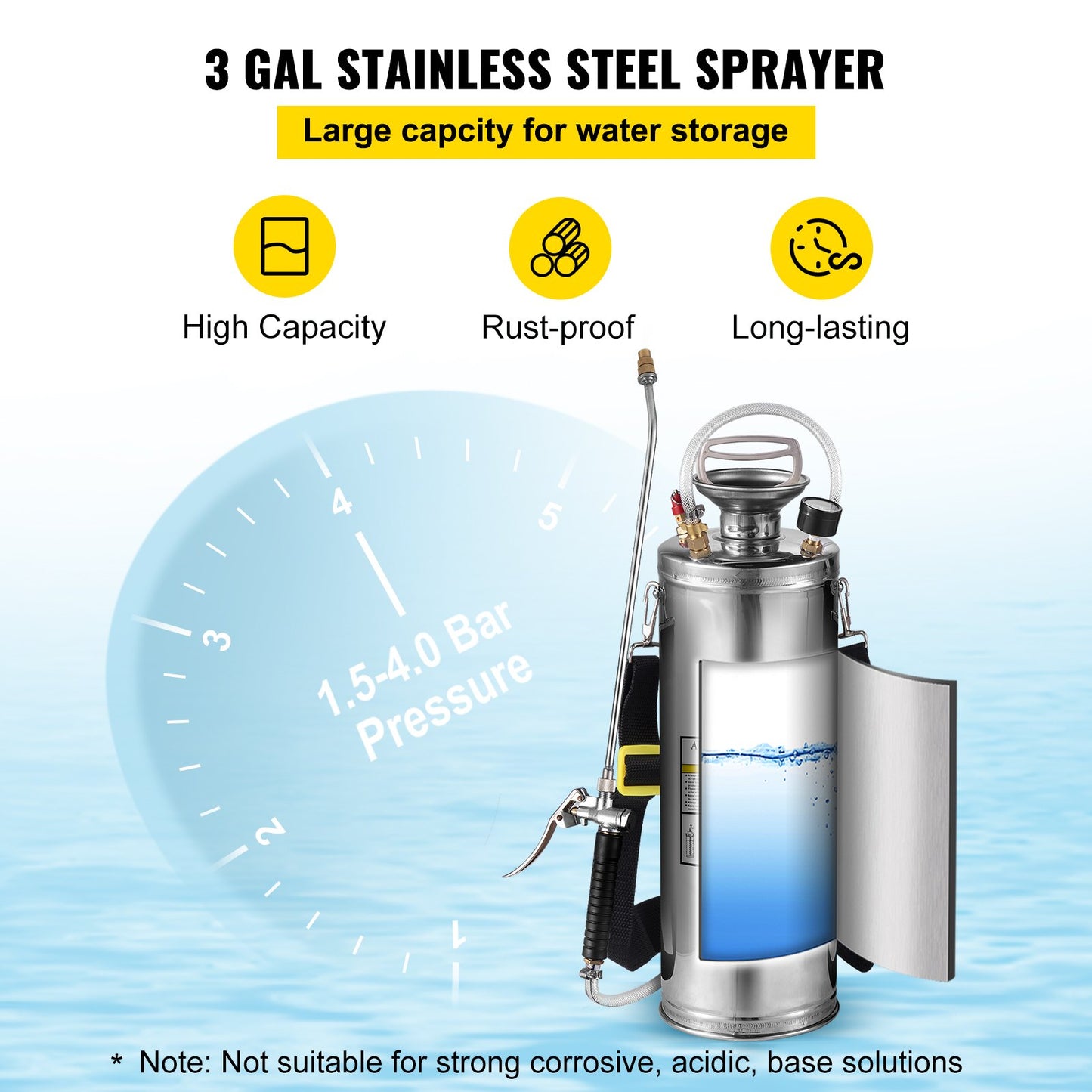 3Gal Stainless Steel Garden Sprayer with Adjustable Nozzle & Pressure Gauge - White