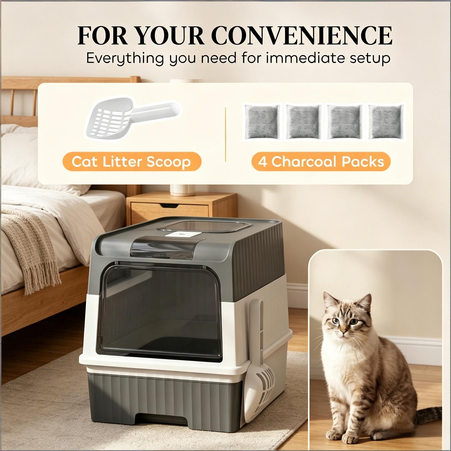 Compact Enclosed Cat Litter Box with Top Exit Design - Black, Gray, White