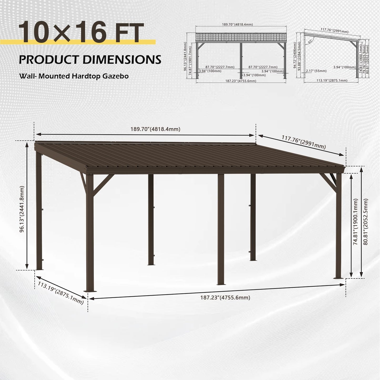 10 X16 Hardtop Lean To Gazebo With Gutters, Connectable Wall Mounted