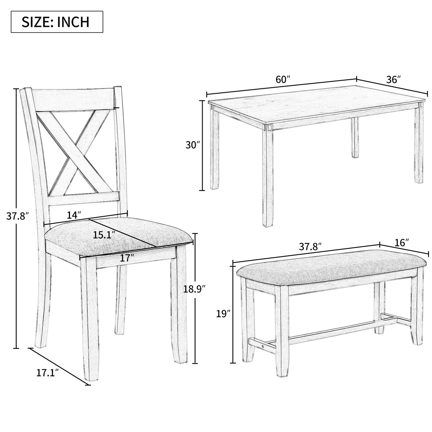 6-Piece Wooden Dining Table Set with Chairs and Bench - Natural Cherry