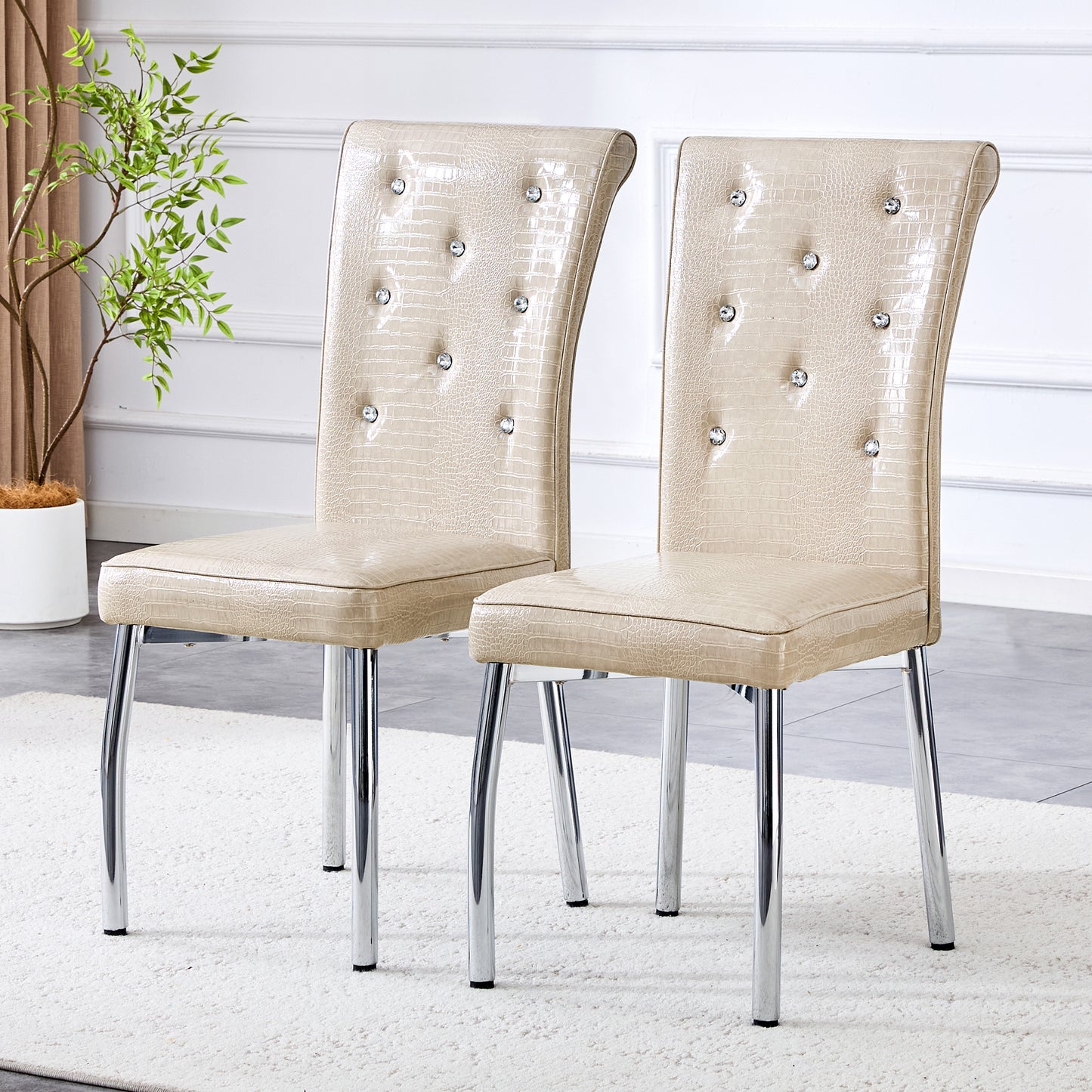 Set of 2 Beige and Silver Vintage Crocodile Leather Dining Chairs