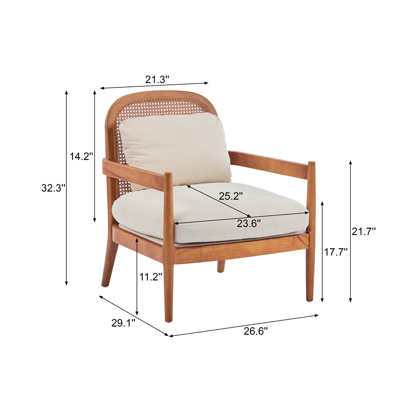 Mid-Century Modern Accent Chair Set - Solid Wood & Rattan, Beige