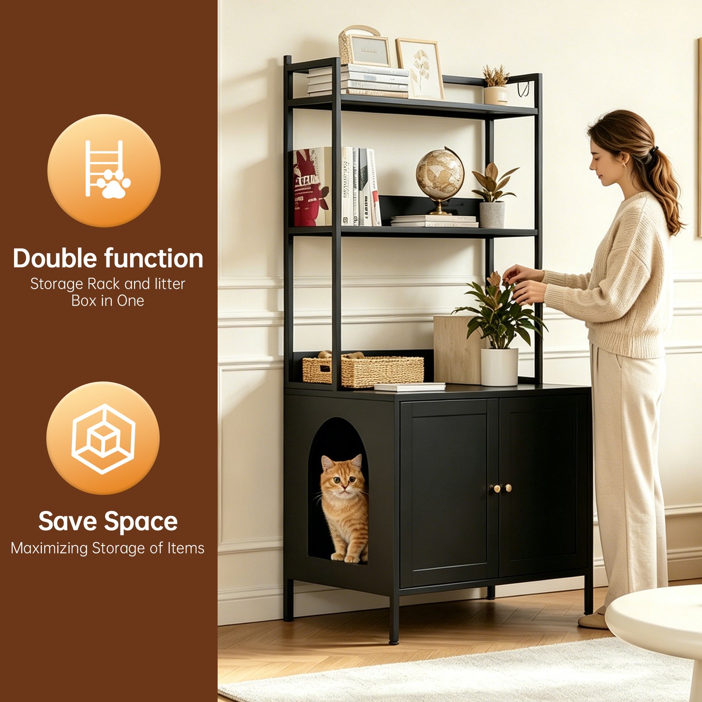 Metal Cat Litter Box Enclosure with 3-Tier Storage - Black