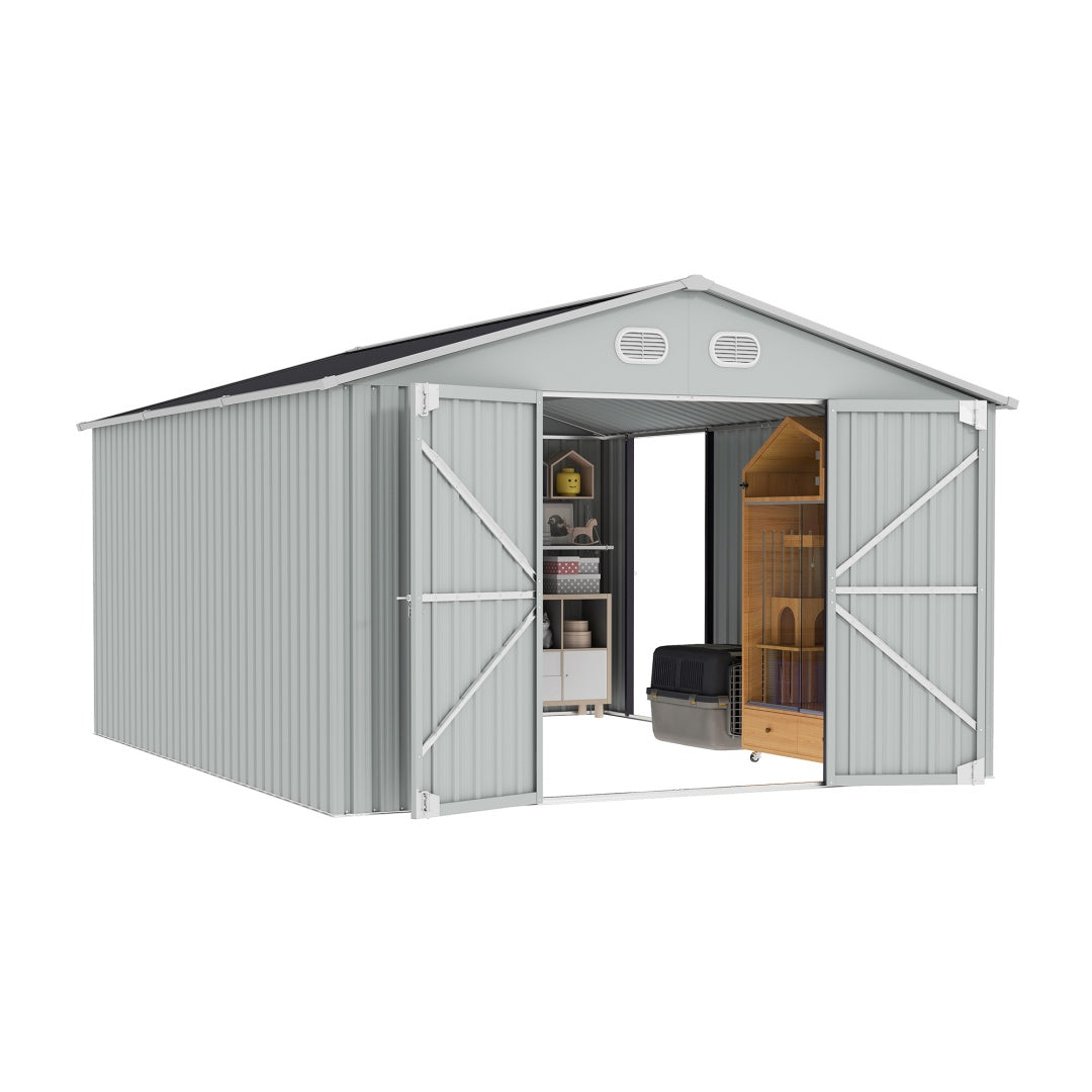 10x12 FT Outdoor Metal Storage Shed with Lockable Door - White