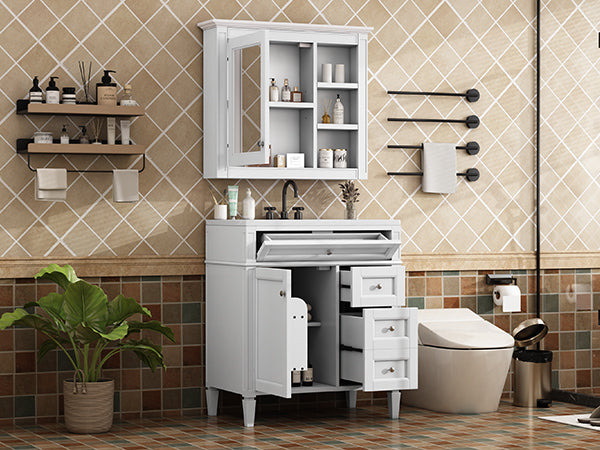 30'' Modern Bathroom Vanity with Sink & Mirror Cabinet - White