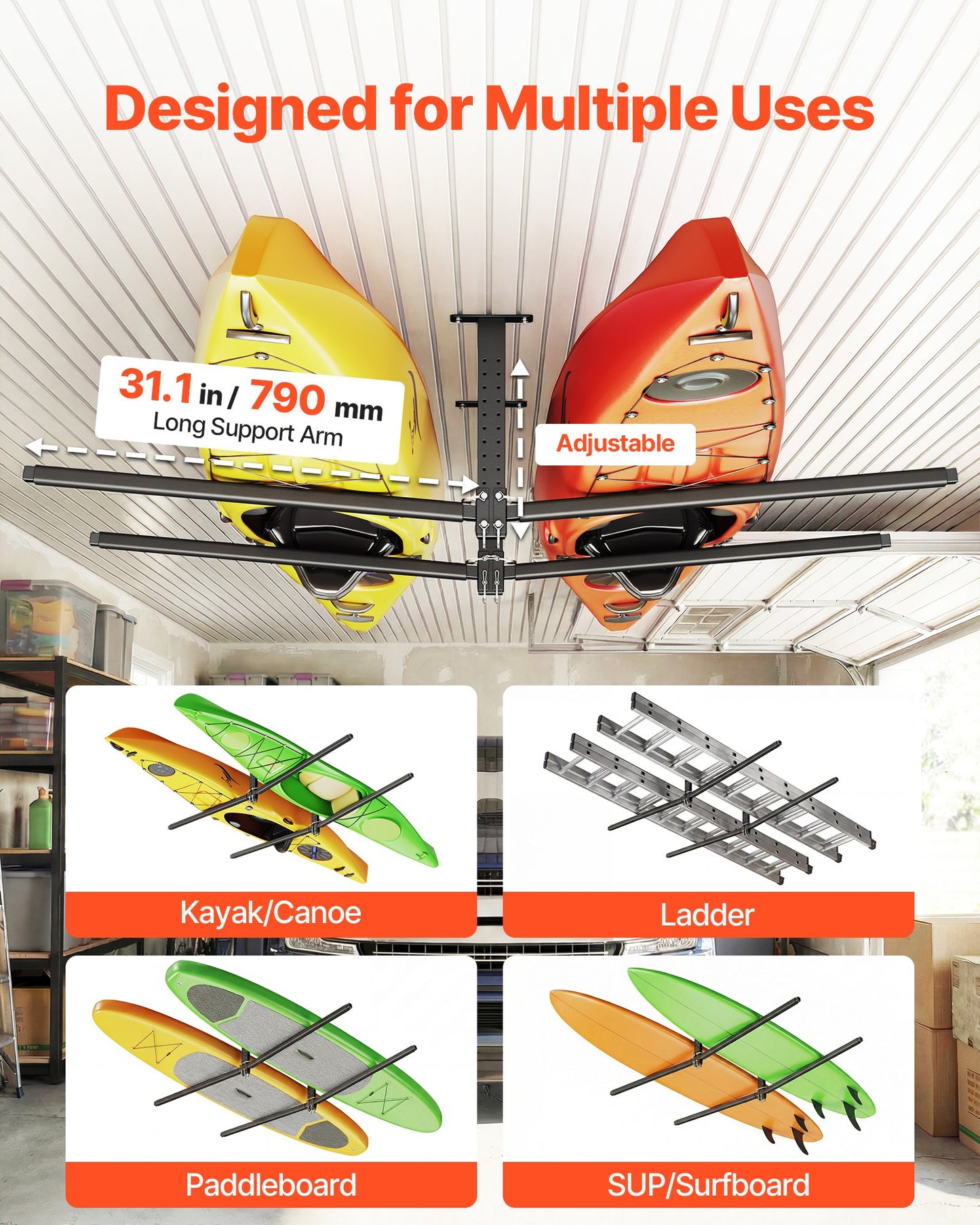 Heavy Duty Ceiling Kayak Rack for 2 Kayaks - Adjustable Garage Storage Rack