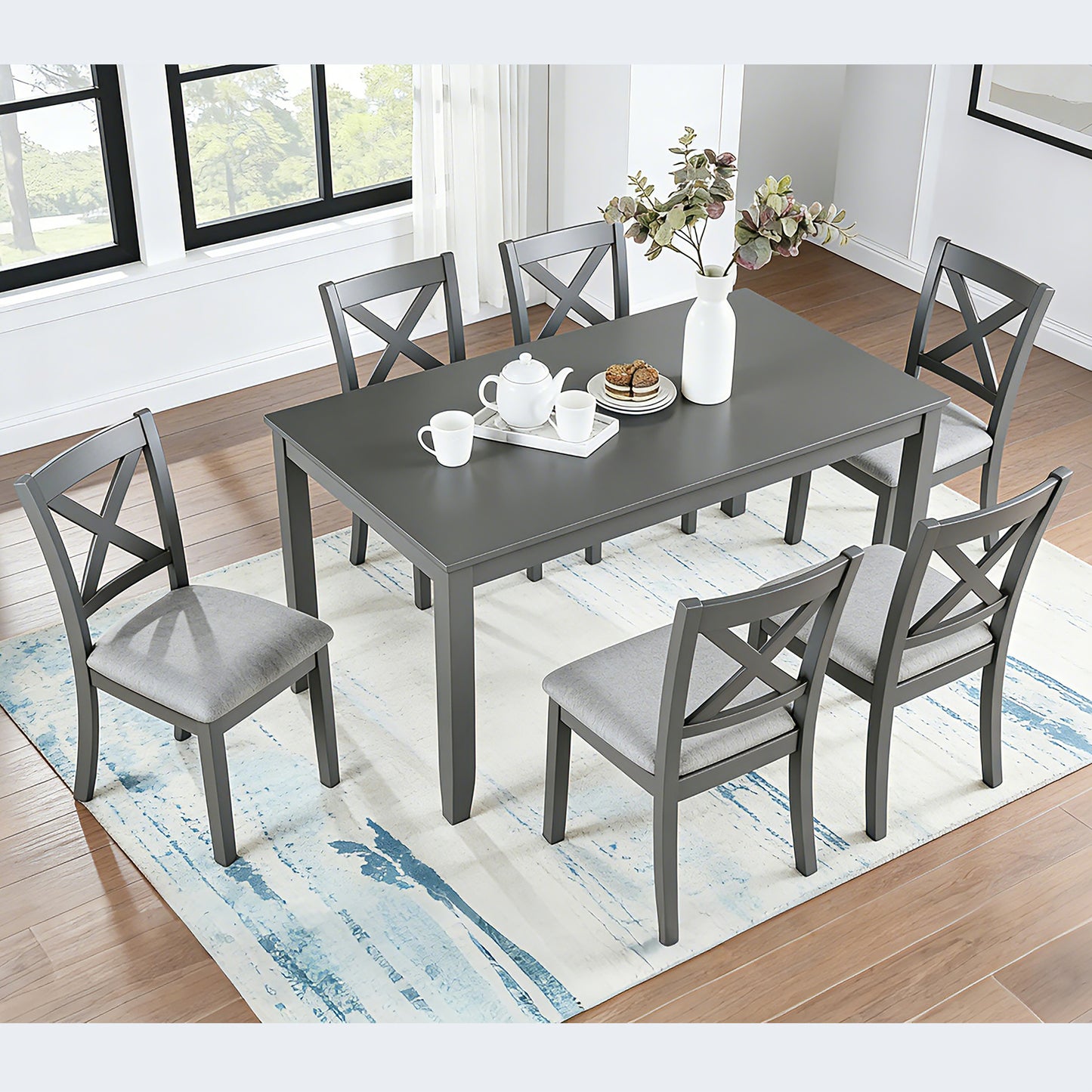 Modern 7-Piece Solid Wood Dining Table Set with 6 Chairs - Grey