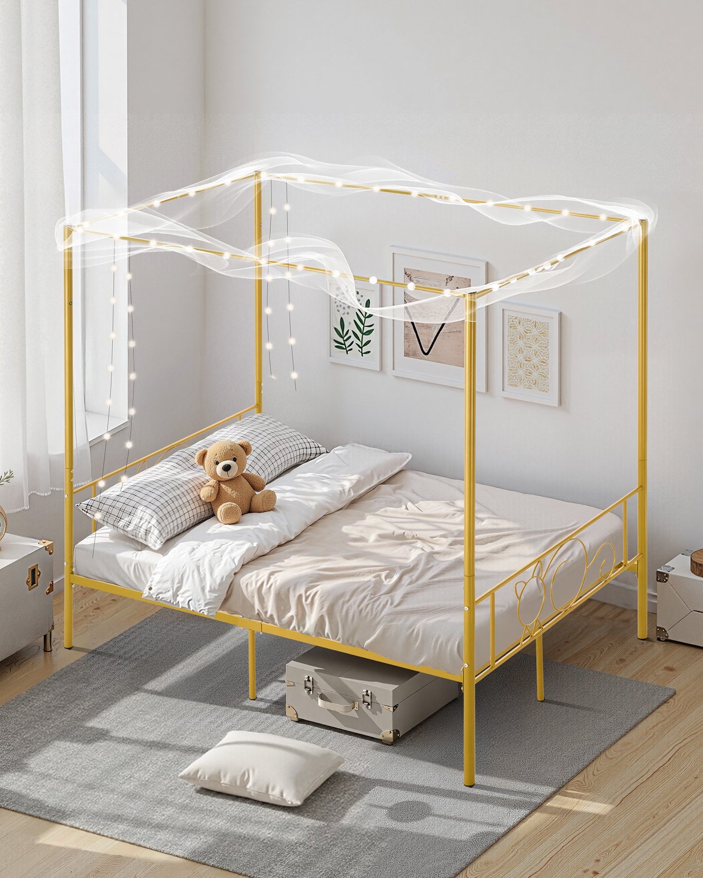 Full Size Metal Canopy Bed Frame with Storage, Heavy Duty Steel Support, Easy Assembly, Gold Finish