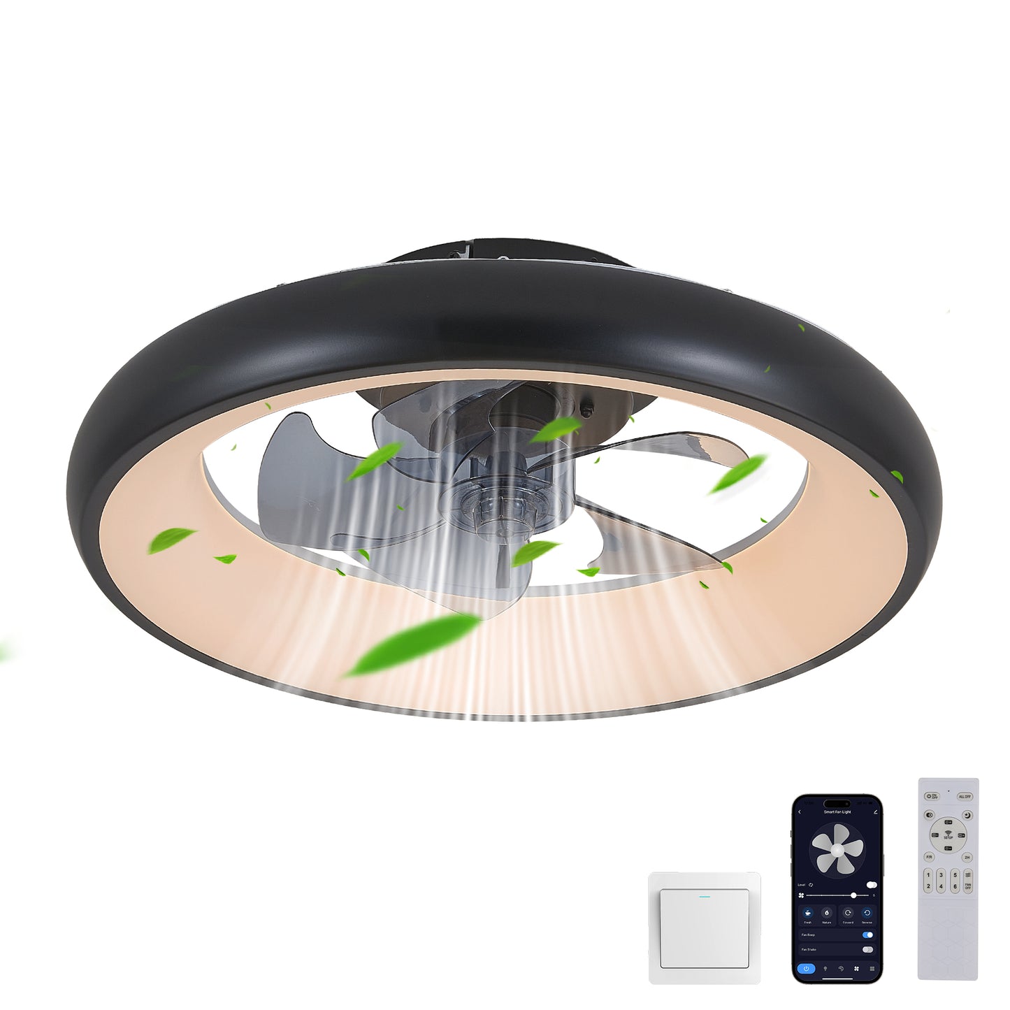 Black LED Ceiling Fan Light with Remote Control - Dimmable, 6-Speed