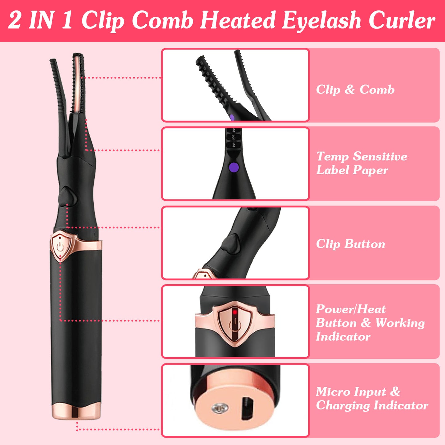 Electric Heated Eyelash Curler - 3 Temp Settings USB Rechargeable Lash Tool