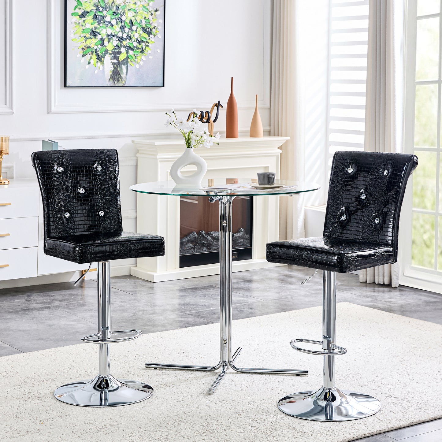 A Set Of 2 Black Vintage Crocodile Leather Lift Bar Chairs, Featuring