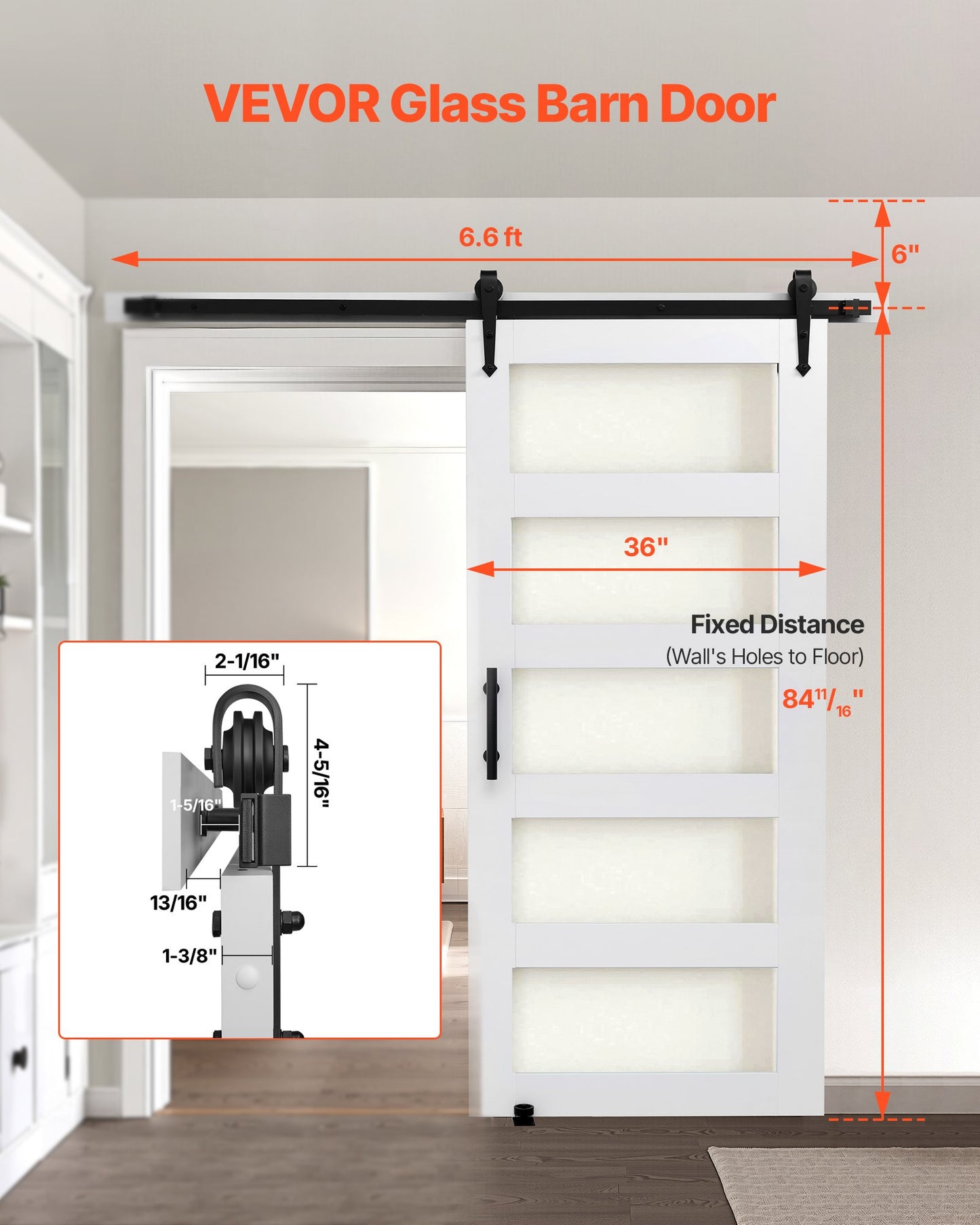 Sliding Barn Door 36x84 Inch with MDF Panel & Glass Water-Proof PVC Coating