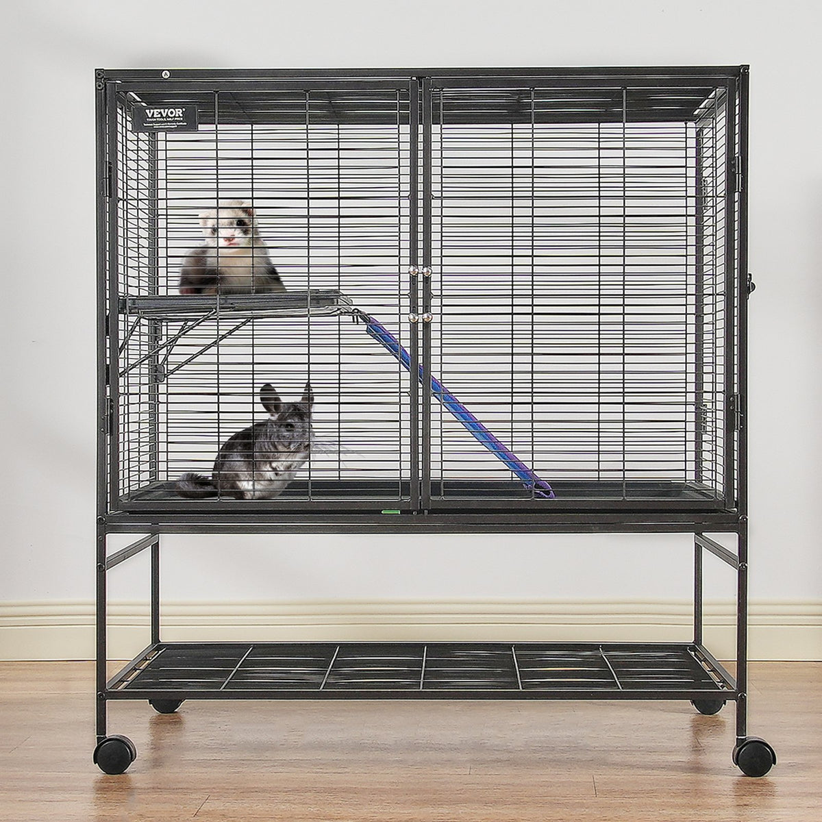Small Animal Cage 2-Tier Metal Ferret Cage with Rolling Tray & Ramp - Black