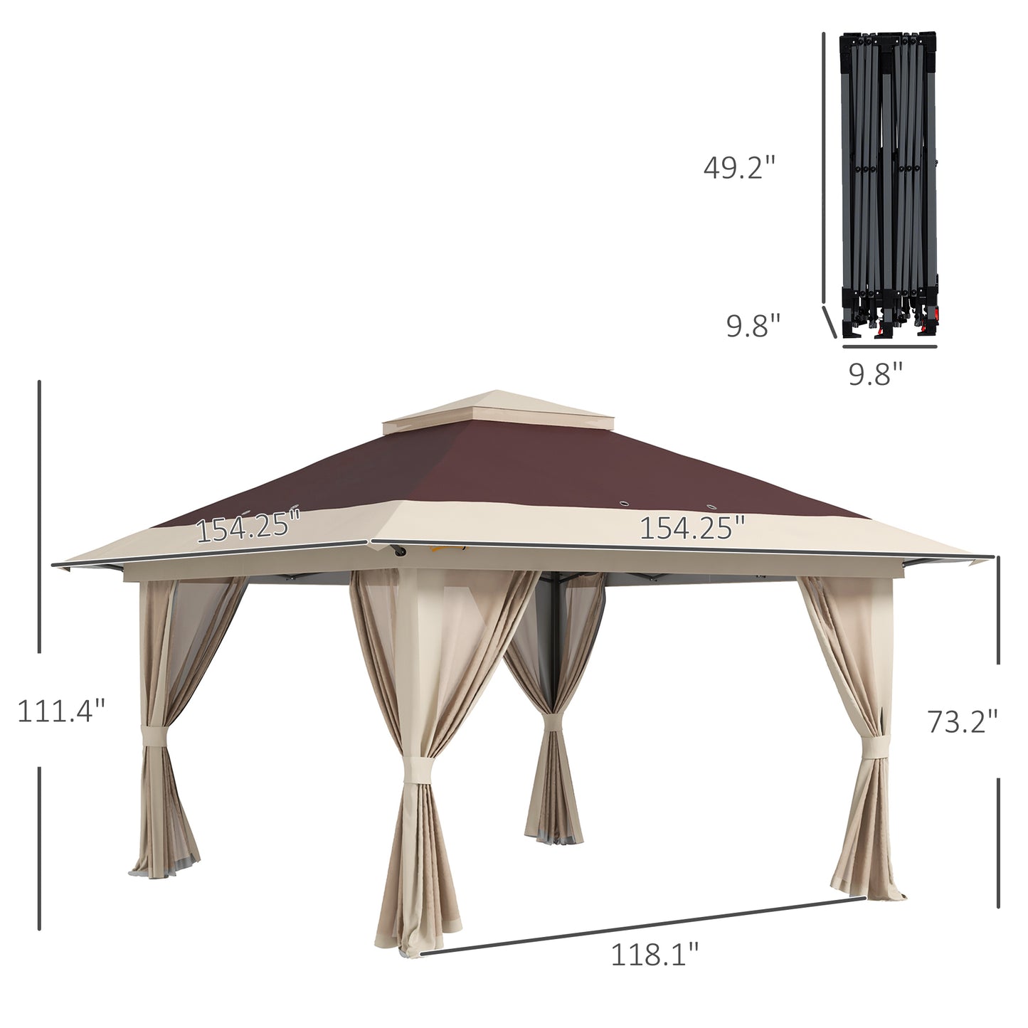 13x13 Pop-Up Gazebo Canopy Tent with Mesh Walls & Carry Bag - Brown