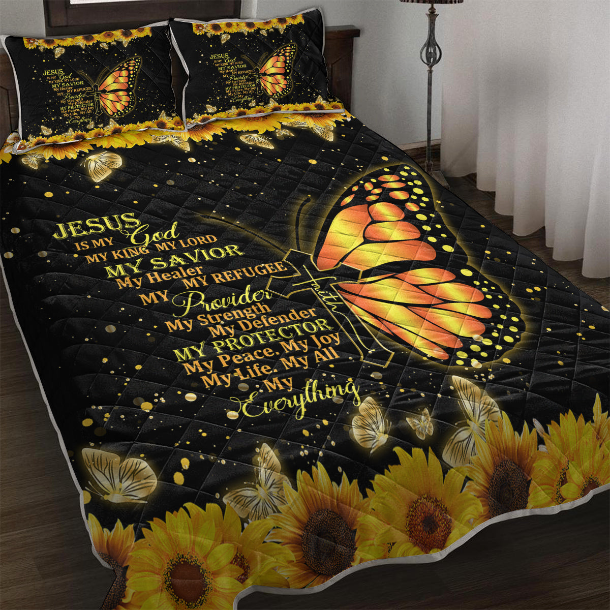Black Gold Sunflower Butterfly Quilt Set - Queen Size, 3 Pieces