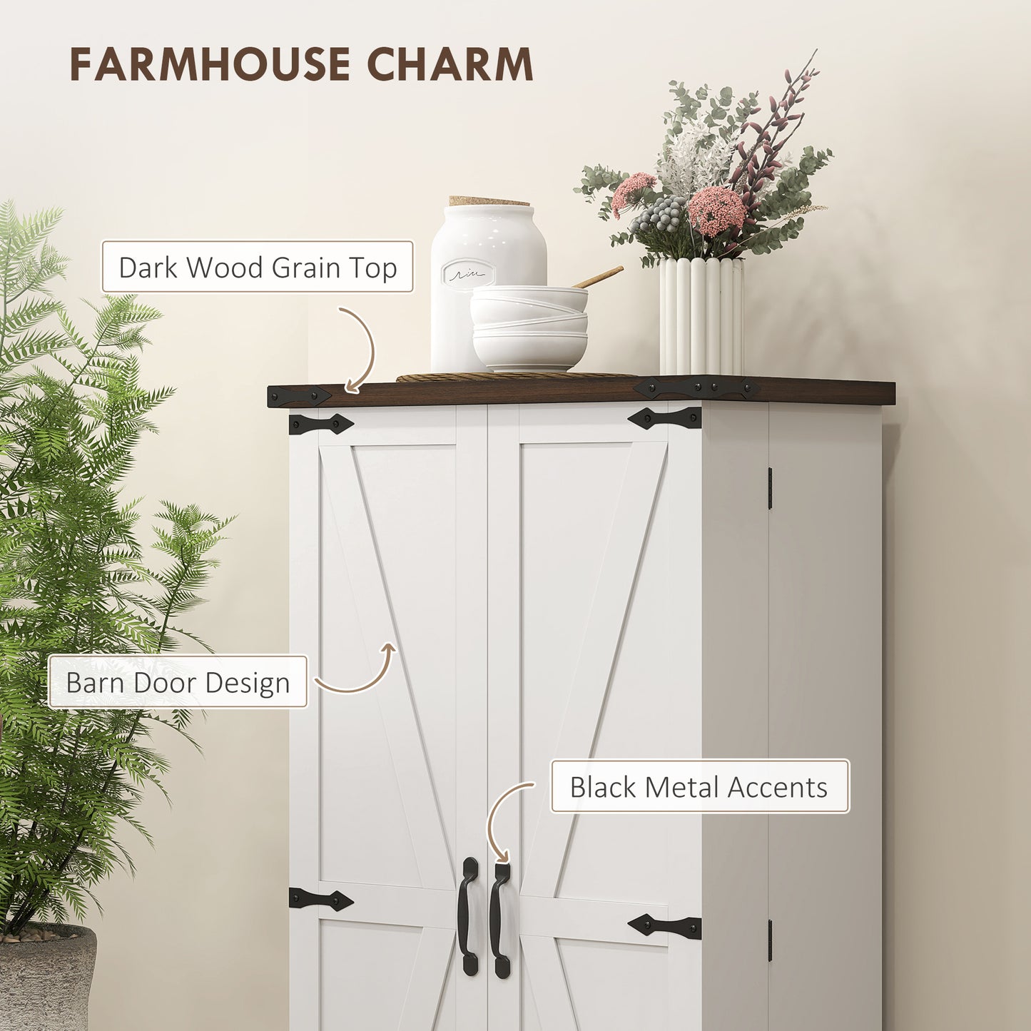 47" White Kitchen Pantry Cabinet with LED Light & Adjustable Shelves