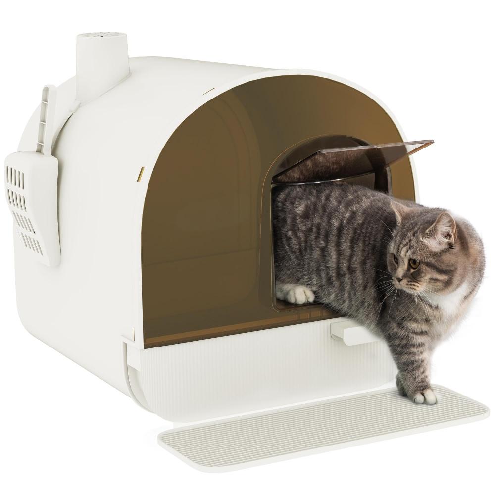 Cat Litter Box with Lid, Scoop & Filter - White