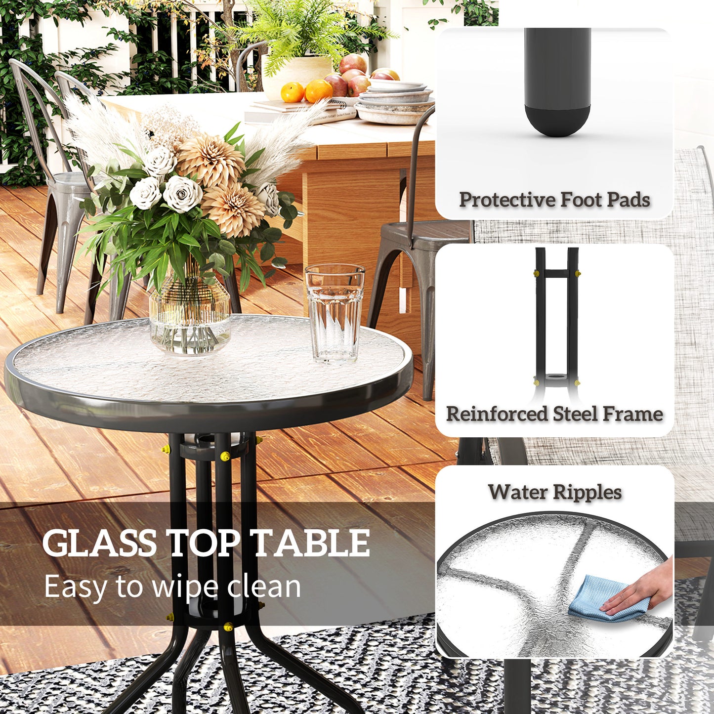 Bistro Set for Small Spaces - 2 Stackable Chairs & Glass Table - Gray