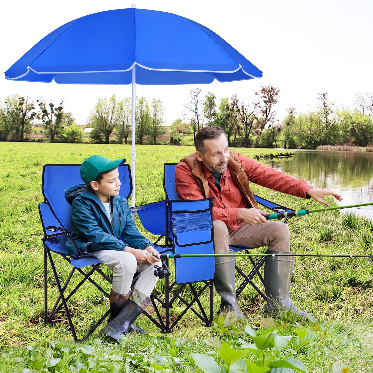 Portable Folding Picnic Chair with Adjustable Umbrella - Blue