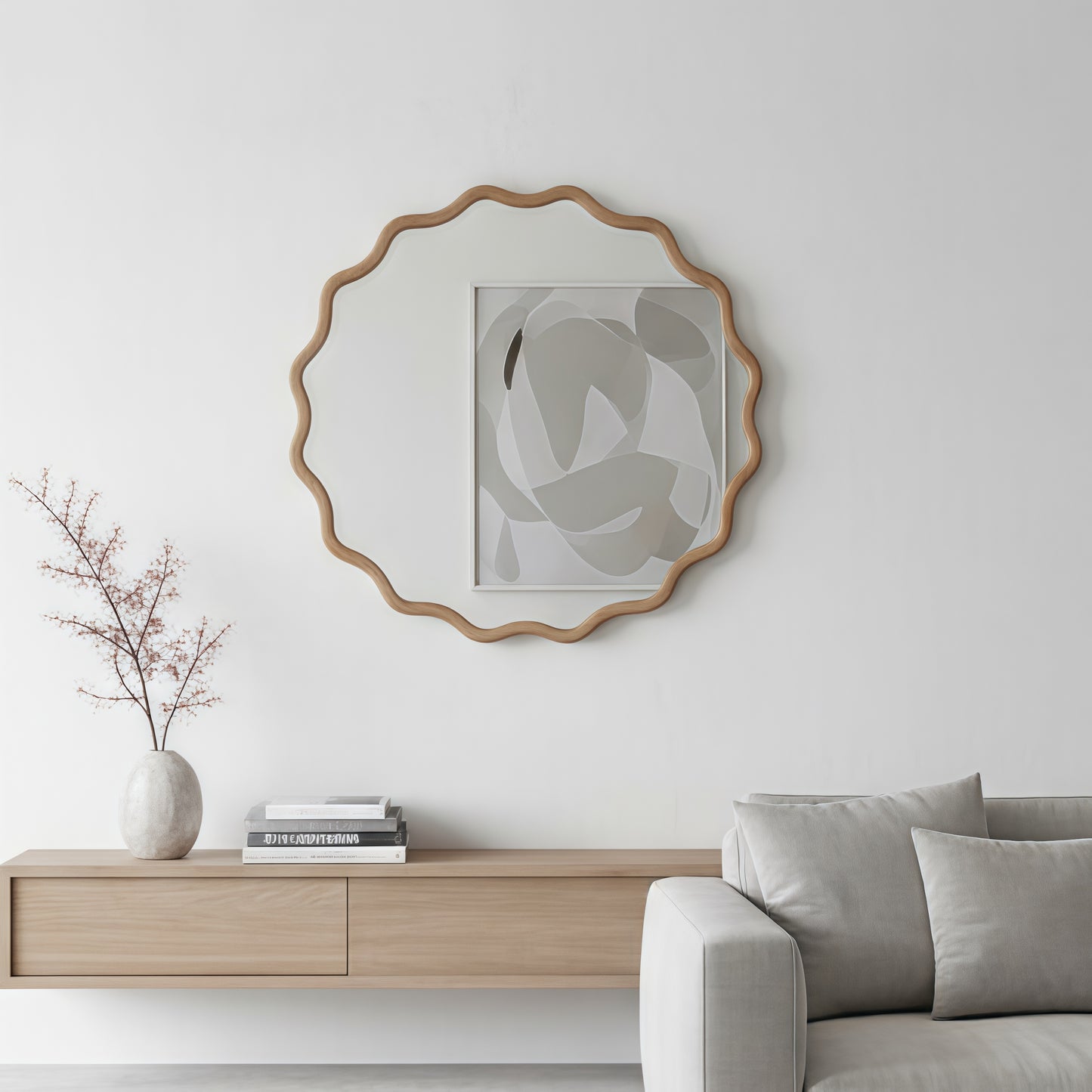 30-Inch Wavy Round Solid Wood Frame Decorative Mirror - Natural Wood