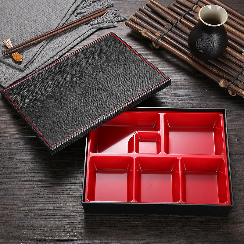Japanese Style Wooden Grain Plastic Lunch Box with Divided Compartments