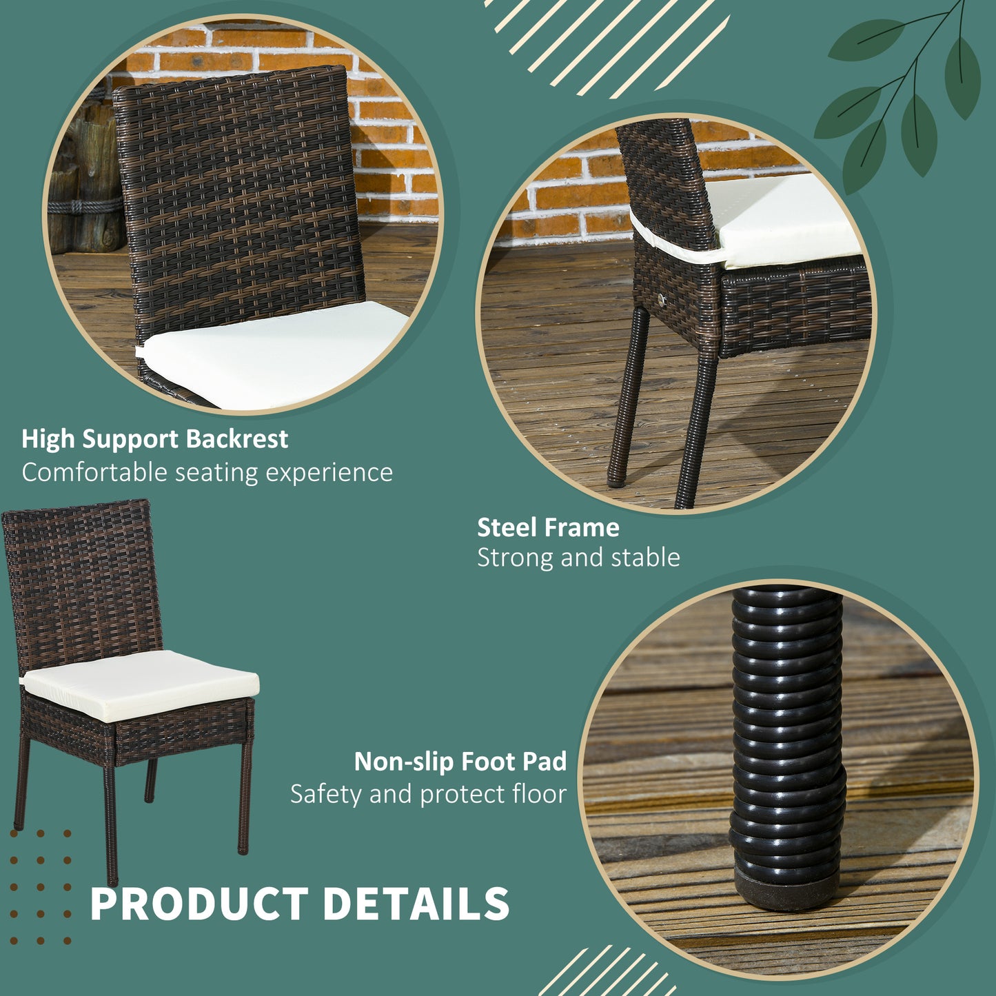 4-Piece Brown Rattan Outdoor Dining Chairs Set with Cushions